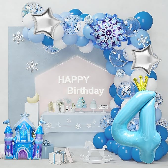 7Pcs 4th Birthday Party Decorations Balloons,Winter Snowflake Balloons Large Blue 40 Inch Number 4 Balloon Foil Star Castle Ballon for Birthday Party Favor Decor Supplies Winter Wonderland Decoration