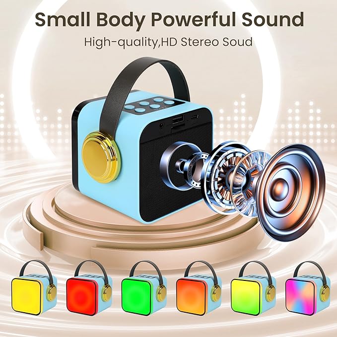 Mini Karaoke Machine for Kids, Portable Bluetooth & Auxiliary Karaoke Speaker with 2 Wireless Microphones, Modern Minimalist Design, Light Show, Blue