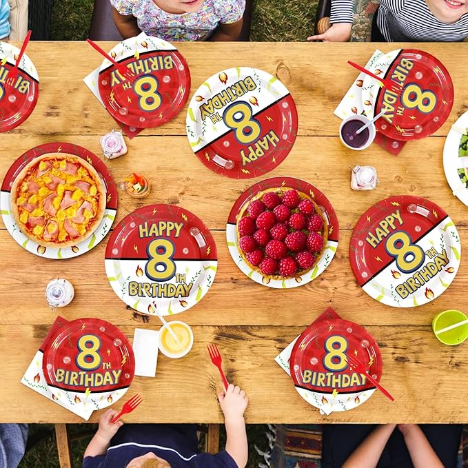 Grencian 96Pcs Happy 8th Birthday Party Supplies Cartoon Anime Themed Paper Plates and Napkins Tableware Sets Disposable Red and White Decoration for 8 Year Old Birthday Kids Children Party Serves 24
