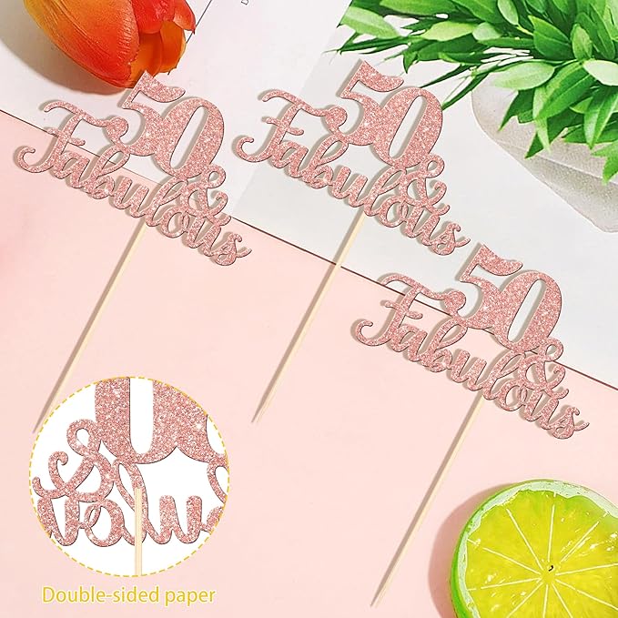 12 PCS 50 and Fabulous Centerpiece Sticks Double Sided Happy 50th Birthday Table Flower Centerpieces Sticks Cheers to 50 Floral Decorations for 50th Birthday Anniversary Party Supplies Rose Gold