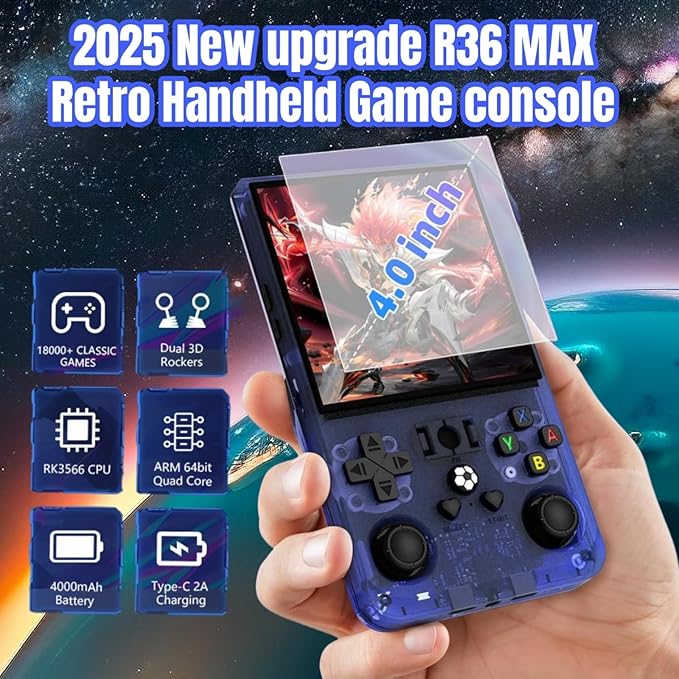 2025 New Upgrade R36MAX Retro Handheld Game Console , 4.0 Inch IPS Video Gaming Console with 64GB TF Card Over 20000+ Pre-Installed Retro Games, 4000mAh Battery (Blue)