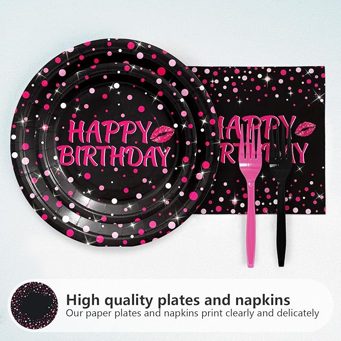 Grencian 96Pcs Hot Pink and Black Birthday Party Supplies Hot Pink Dots on Black Paper Plates and Napkins Disposable Happy Birthday Tableware Set for Women Black and Pink Birthday Decorations Serves24