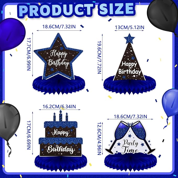 Yexiya 8 Pcs Blue and Black Birthday Centerpiece Table Decoration, Happy Birthday Honeycomb Centerpieces Honeycomb Table Toppers for Men Women Party Supplies