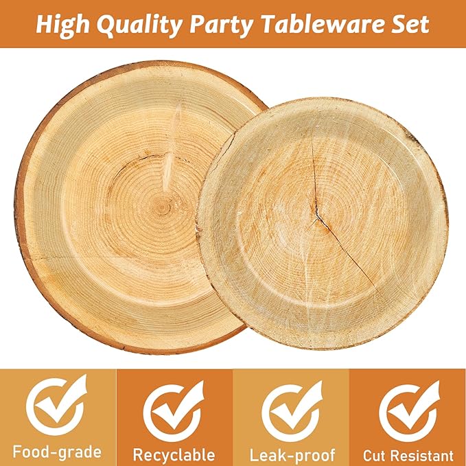 Wiooffen 96 PCS Brown Paper Tableware Set - Rustic Wood Tree Party Supplies for 24 Guests, Includes Plates, Forks, Napkins for Camping, Hunting Theme