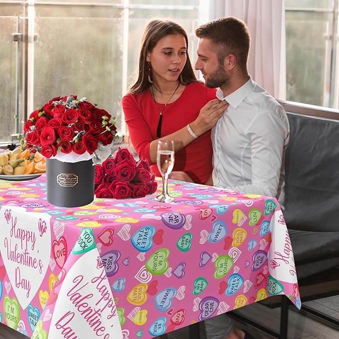 3Pcs Valentines Day Tablecloth, 54 x 108 Inch Conversation Hearts Plastic Table Cover, Pink Heart Tablecloth for Wedding Anniversary, Valentines Day Decorations