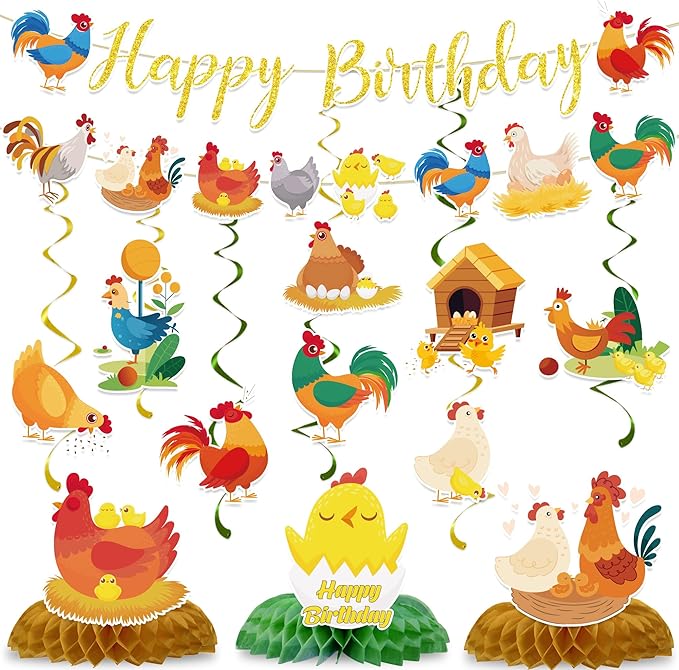 Chicken Birthday Party Decorations Include Chicken Happy Birthday Glitter Banners Hanging Swirls Honeycomb Centerpieces Chick Farm Animal Birthday Theme Party Supplies