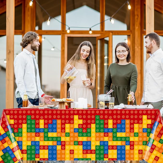 Oudain 4 Pcs Building Block Tablecloths - Colorful Birthday Party Decorations, 54 x 108 Inch Disposable Plastic Brick Table Cover, Waterproof Themed Party Supplies (Red)