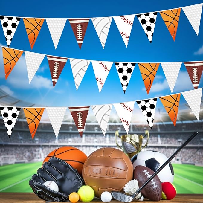 Faccito 5 Pack Sports Banners Party Decorations Sports Championship Pennants Hanging Decor Themed Triangle Flags Athletics Game Garland for Birthday Party Supplies (Colorful)