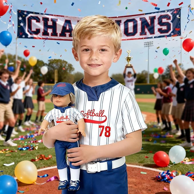 ARTST Softball Uniform Doll Outfit-American 18 inch Doll Clothes and Accessories Set-Hat Baseball Clothing Bat Shoes Socks,Valentine's Gifts for Boys Spring T-Ball