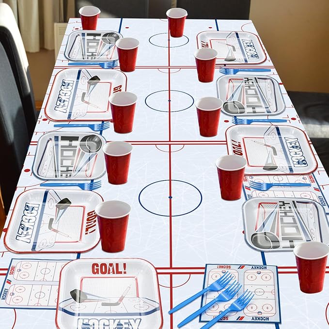 Hockey Birthday Decorations - 81Pcs Tableware Pack, Disposable Hockey Theme Plates, Napkins, Tablecloth for Kids Fans Sports Birthday Party Supplies, Serve 20