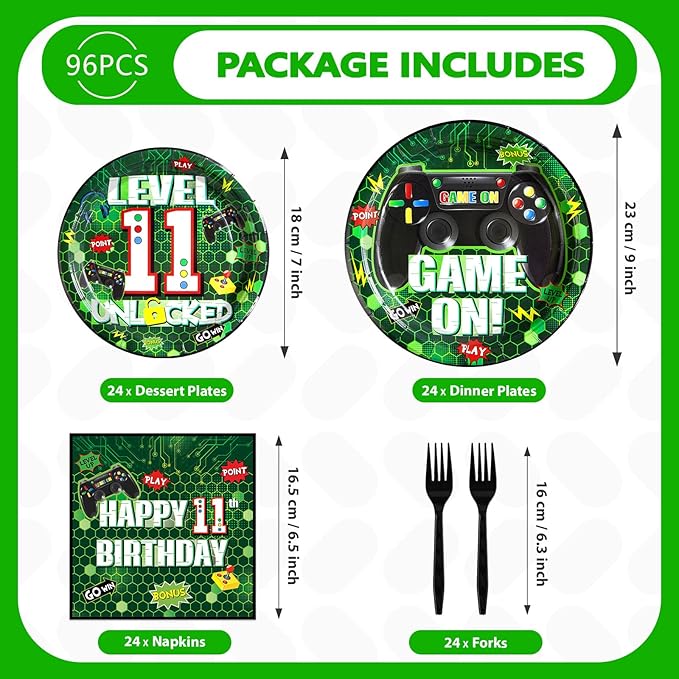 96Pcs 11th Birthday Video Game Party Supplies Green Video Game Paper Plates and Napkins Tableware Sets Gaming 11 Years old Birthday Decorations for Kids Boys 11th Birthday Gamer Gaming Party Serve 24