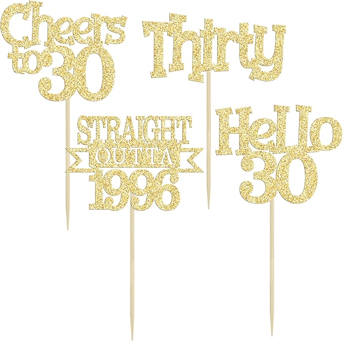 Ephlyn 24Pcs Happy 30th Birthday Cupcake Toppers Glitter Thirty Cupcake Picks Hello 30 Cheers to 30 Years Cake Decorations for 30th Birthday Anniversary Party Decorations Supplies Gold