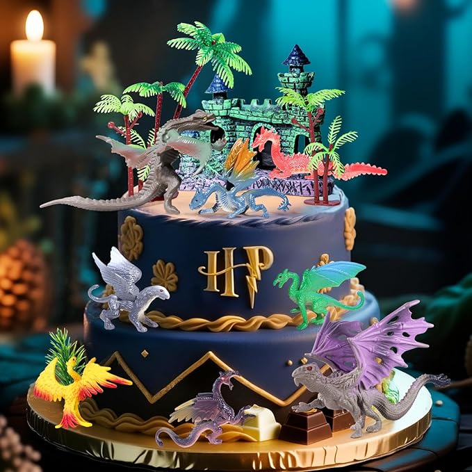 15Pcs Dragon Cake Decorations, Medieval Plastic Dragon Figures with Castle Tree Toys Playset for Kids Birthday Baby Shower Halloween Fantasy Theme Party Supplies