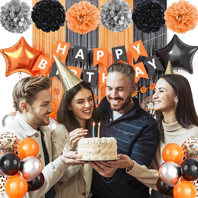 Basketball Party Supplies,Basketball Theme Birthday Decorations,Include Orange Black Balloons Happy Birthday Banner Fringe Curtain Tissue Paper Pompoms Garland