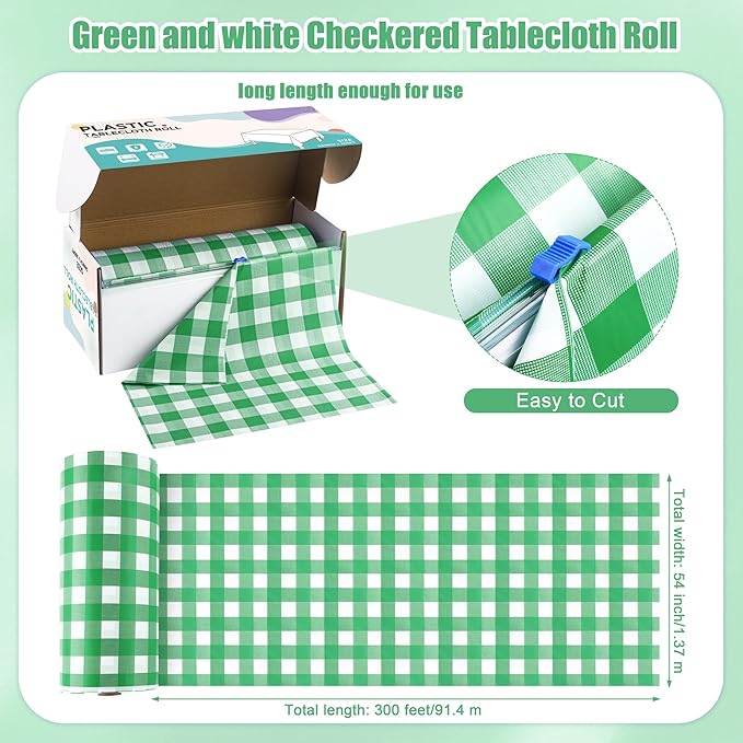 Kochorie 54 Inch x 300 Ft Light Green Checkered Plastic Table Cloth Roll Disposable Waterproof Table Cover Plastic Table Cover Roll with Easy Slide Cutter for Outdoor Picnic/Home Dining/Spring Party