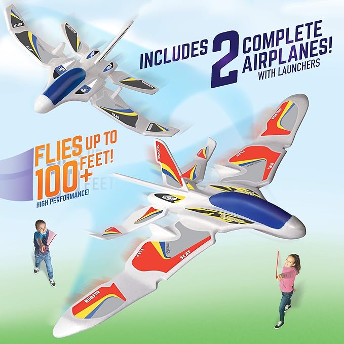 Geospace Foam GEOGLIDE Dueling Duo Fighters Flying Glider Set - Comes with 2 Fighter Style Airplanes, Hand Held Launchers & Multiple Wing Combo Pieces for Outdoor Play for Kids & Adults