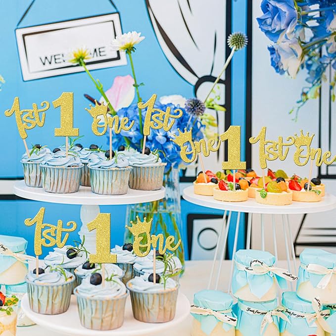 24 PCS 1st Birthday Cupcake Toppers - Glitter Crown Cupcake Picks for Baby Shower Kids 1st Birthday Boho Theme Party Cake Decorations - Gold
