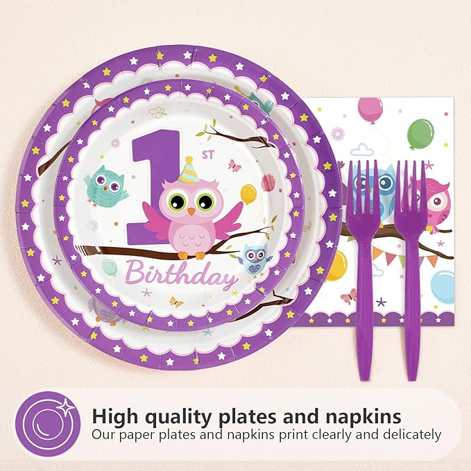 96Pcs Owl 1st Birthday Party Supplies Cute Owl Plates and Napkins Look Whoo's Turning One Tableware Set for One Years Old Boys Girls Animals Theme Birthday Party Decorations Serves 24