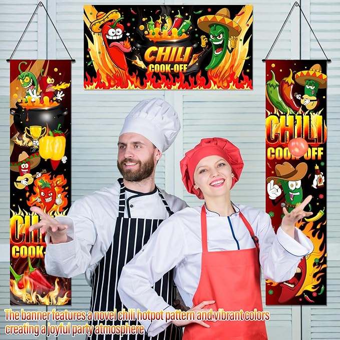 Moukeren 3 Pcs Chili Cook off Decorations 47.24 x 11.81 Inch Chili Cook off Hanging Porch Sign Hot Pepper Contest Banner 39.37x19.69 Inch Mexican Fiesta Cooking Party Supplies