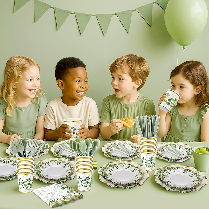 350 Pcs Sage Green Party Supplies Tableware Set Disposable 9'' 7'' Paper Plates 9 oz Cups Cutlery Napkins Dinnerware Set for Wedding, Bridal Birthday Serve 50 (Sage, Green, Gold)