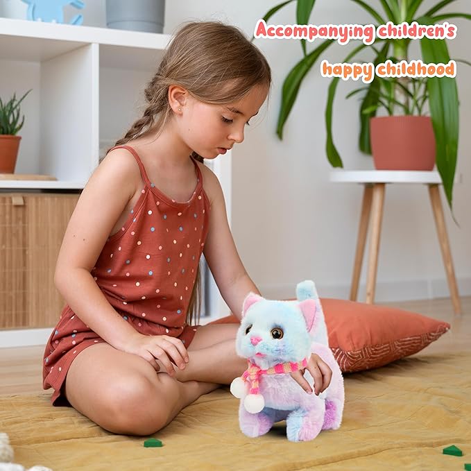 Easfan Walking Kitty Plush Toy Electric Interactive Cat Stuffed Animal Meowing Tail Wagging Head Nodding Cat Pet Toy Animated Kitten Birthday for Kids Toddlers,7.5’’ (Rainbow)