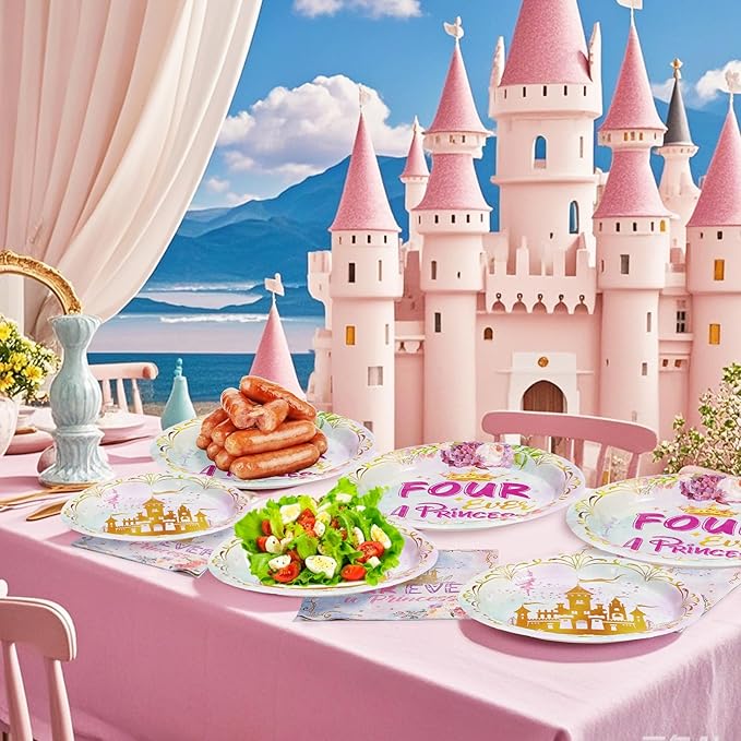 96 Pcs Princess Birthday Party Supplies 350 GSM Four Ever a Princess Plates and Napkins Tableware Set Watercolor Pastel Rainbow Castle Party Decorations for Girl 4th Birthday Fairytale Party Serves 24