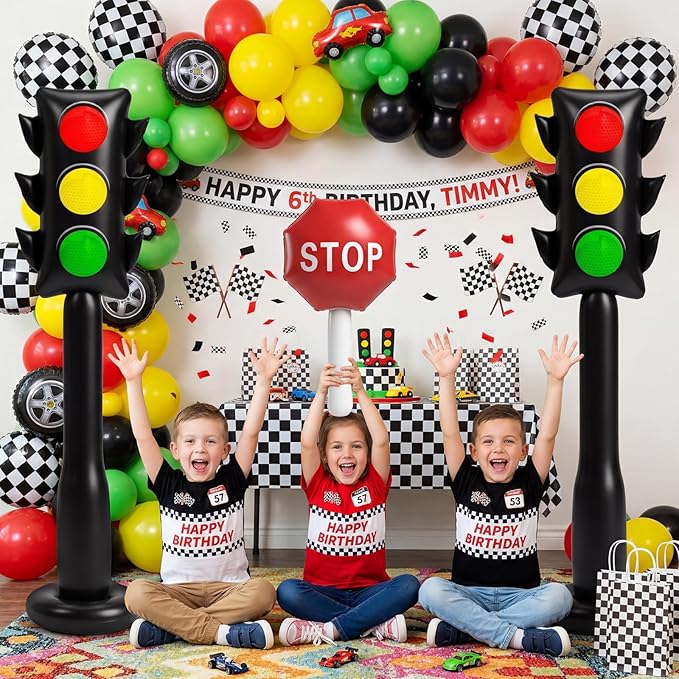 3 Pcs 59 Inch Jumbo Inflatable PVC Traffic Light Balloons and 24 Inch Stop Sign Balloon for Racing Car Birthday Party Decorations Traffic Vehicle Birthday Party Supplies