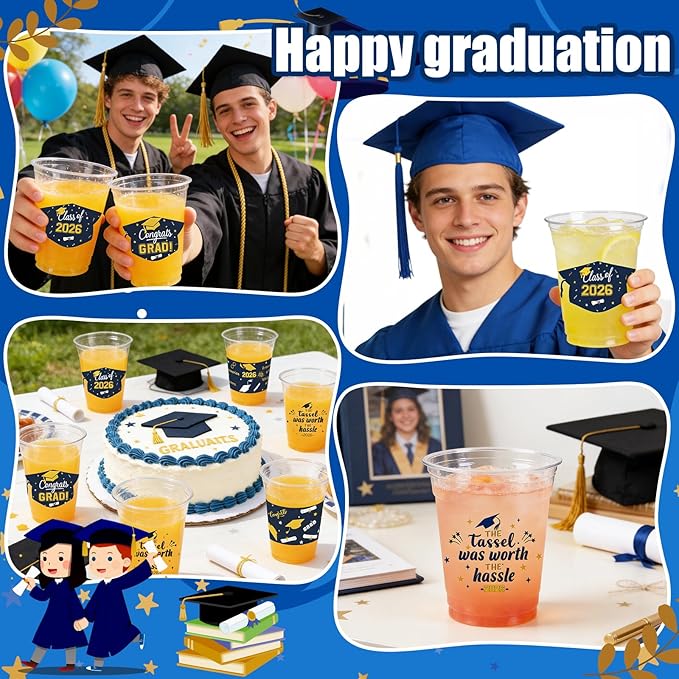 GuassLee Navy Blue and Gold Graduation Decorations Class of 2026, 50 Pack 12 oz Graduation Plastic Disposable Cups for Drinks 2026 School Grad Party Favors Supplies