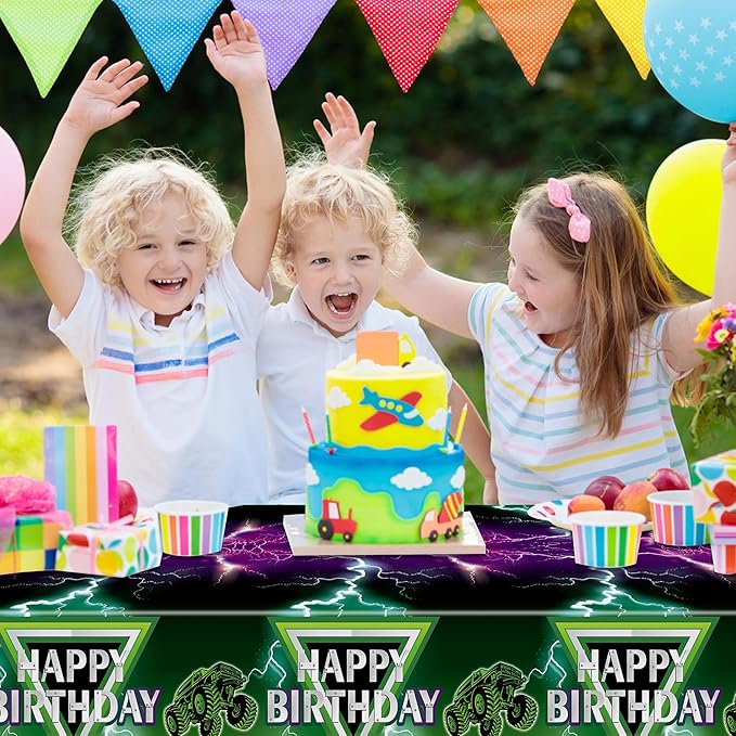 Green and Purple Monster Truck Tablecloths - Monster Truck Happy Birthday Disposable Rectangle Table Cover for Baby Shower Kids Birthday Party Dinner Table Decoration 108×54 inches (3)