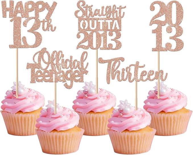 30PCS 13th Birthday Cupcake Toppers Glitter Thirteen Happy 13 Straight Outta 2013 Cupcake Picks for Cheers to 13 Years 13th Birthday Anniversary Party Decorations Supplies Rose Gold