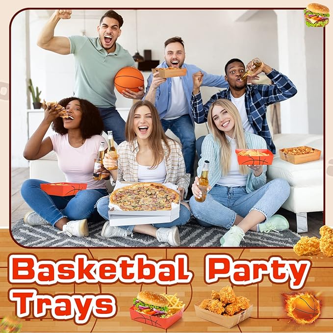Teling 36 Pack Basketball Party Supplies Large 5 lb Basketball Plates Trays Paper Food Boats Disposable Nacho Serving Snack Trays Dinner Plates for Sport Themed Birthday Party Decorations Favors