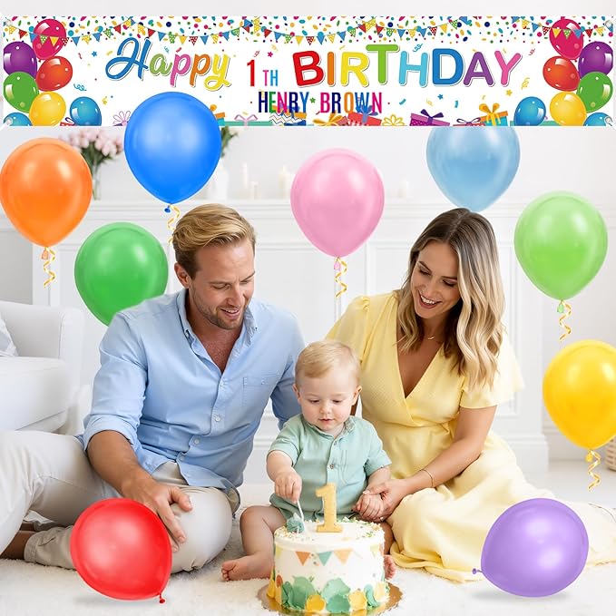 Coloful Birthday Decorations Banner with Personalized Letter Stickers and Balloons DIY White Happy Birthday Yard Banner Custom Bday Sign for Men Women Bday Party Supplies Outdoor