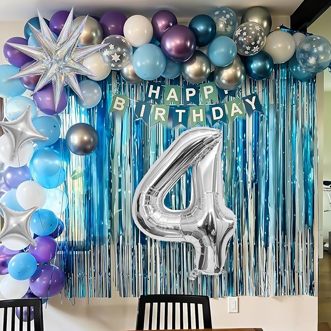 Snow 4th Birthday Decorations Girl, Snowflake Balloon Garland Arch Kit, Laser Explosion Star Balloons, Silver Number 4 Balloon Tower for Baby Shower Girls 4th Snow Theme Party Supplies