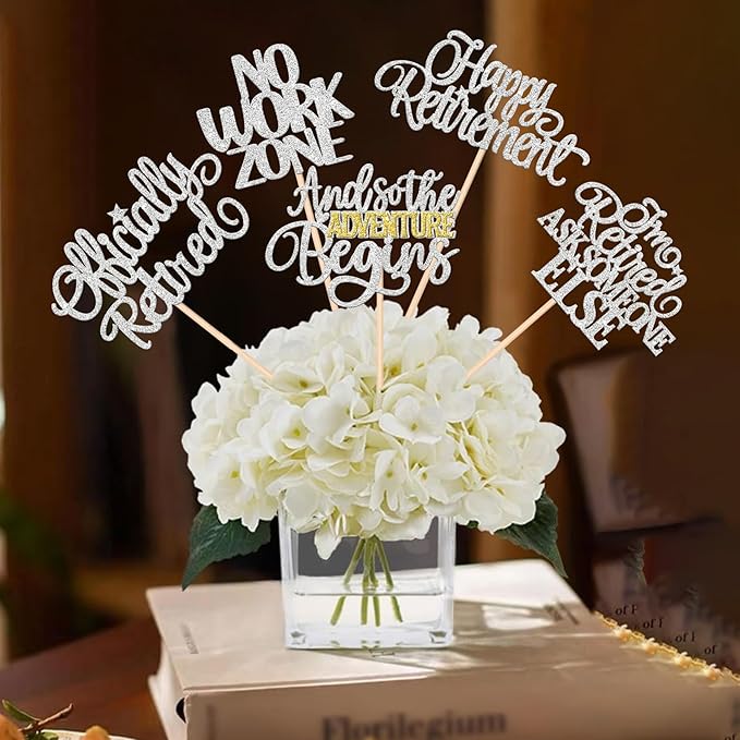 15 PCS Happy Retirement Centerpiece Sticks Officially Retired Table Flower Centerpieces Sticks No Work Zone Floral Decorations for Retirement Theme Farewell Birthday Party Centerpieces Supplies Silver