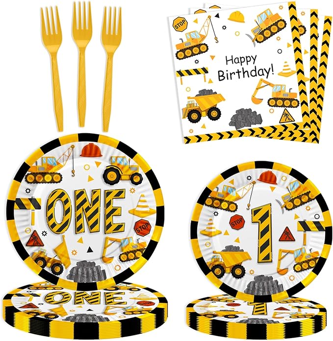 Letromp 80 Pcs Construction 1st Birthday Decorations Dump Truck One Years Old Disposable Paper Plates Napkins Forks Dinnerware for Im Digging Being 1 Bday Baby Shower Party Supplies