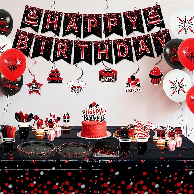 KEFAN Red Black Birthday Party Decorations, Red Black Theme Party Tableware Supplies including HAPPY BIRTHDAY Banner, Plates, Cups, Napkins, Tablecloth, Balloons, Serves 20
