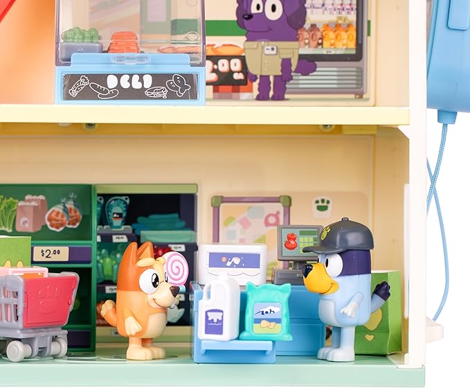 Bluey and Bingo Supermarket Playset with Escalator, Pretend Play Toys for Toddlers, Sounds and 15 Pieces, Bluey Grocery Store Playset