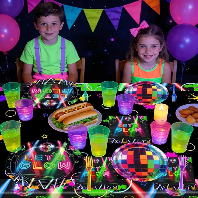 81Pcs Neon Party Supplies Set - Serves 20, Glow in the Dark Party Supplies, Includes Plates, Napkins, Fork, Tablecloth for Halloween Glow Birthday Decorations