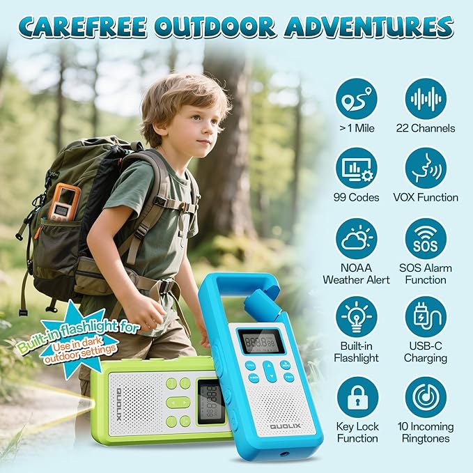 QUOLIX Kids Walkie Talkies 4 Pack Rechargeable with SOS Alarm/NOAA/VOX/Flashlight, Durable 1020mAh Battery Radios for 3-12 Year Old Boys Girls, Outdoor Camping Group Games Birthday Set