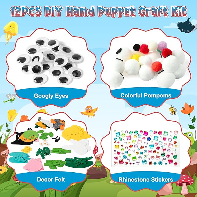 WATINC 12Pcs Hand Puppet Making Kit, Art Craft Felt Sock Puppet Toys, Creative DIY Make Your Own Pompoms Wiggle Googly Eyes Storytelling Role Play Party Supplies Gift for Girls Boys (Insect A Ocean A)