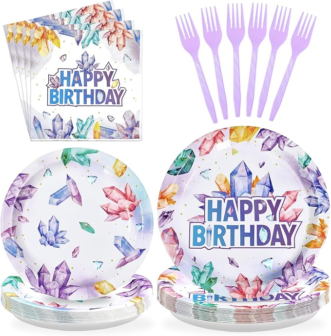 96Pcs Crystal Birthday Party Decorations Purple Gem Stone Diamond Plates and Napkins Tableware Sets Geology Crystal Theme Party Decorations for Women Girls Baby Shower Birthday Supplies Serves 24