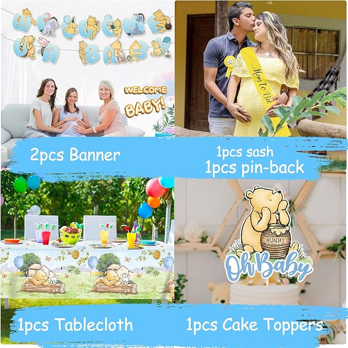 Classic Winnie Baby Shower Decorations Kit, All-in-1 Vintage Winnie Party Supplies Decorations, Classic The Pooh Backdrop Cake Topper, Winnie Baby Tablecloth Honeycomb Decorations for Baby Shower