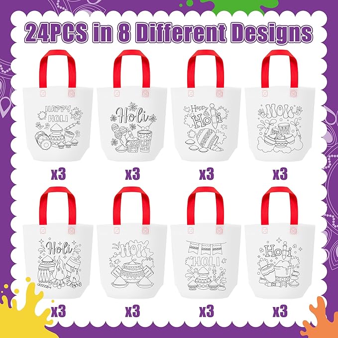 Holi Coloring Goodie Bags for Kid - 24Pcs Happy Holi Color Your Own Gift Bags with Handle Reusable Non Woven Coloring Tote Packet for Classroom DIY Painting Indian Festival Holiday Spring Party Favor