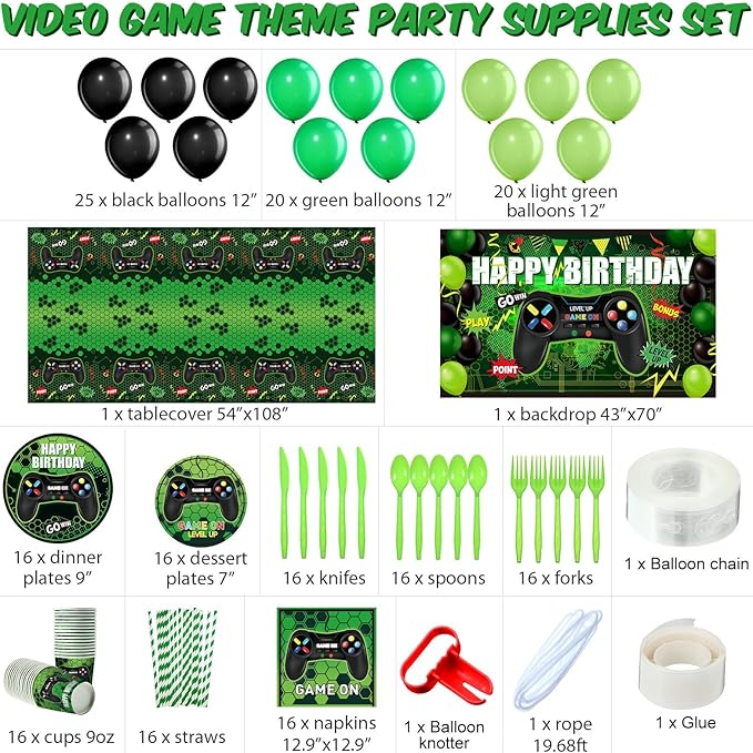 Tatuo 152 Pieces Video Game Birthday Party Supplies Gamer Party Table Cover Happy Birthday Backdrop Banner Tableware Balloons Sets for Boys Men Theme Party Decoration