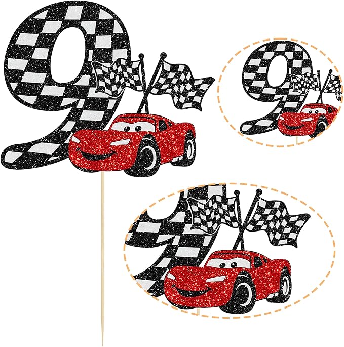 Gyufise 1Pc Race Car 9th Cake Topper Glitter 9th Racing Car Birthday Cake Topper Decoration for Racing Car Checkered Flag Themed Girl Boy 9 Years Birthday Party Supplies