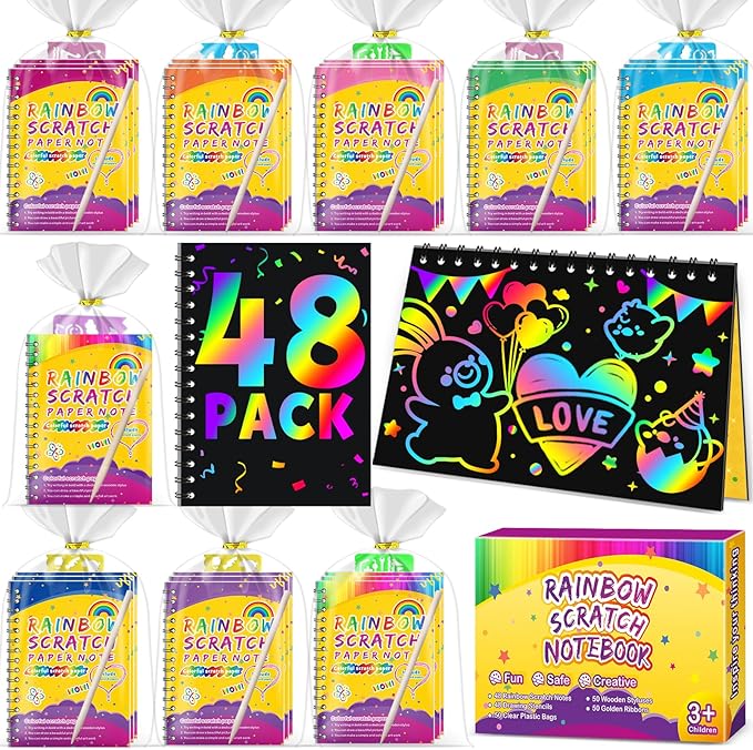 Party Favors for Kids 4-8-12: 48 Pack Scratch Rainbow Art Crafts Notebook, Coloring Book Goodie Bags Stuffers Kit, Bulk Birthday Easter Gift Classroom Prizes Girl Boy Toddler