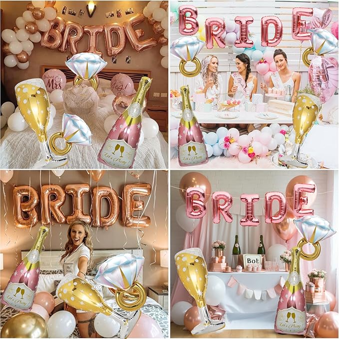 9 Pcs Bride Balloons, Huge Rose Gold Champagne Bottle Goblet Aluminum Foil Balloons for Birthday, Bachelorette, Bridal Shower, Wedding, Anniversary, Engagement Party Decorations Supplies