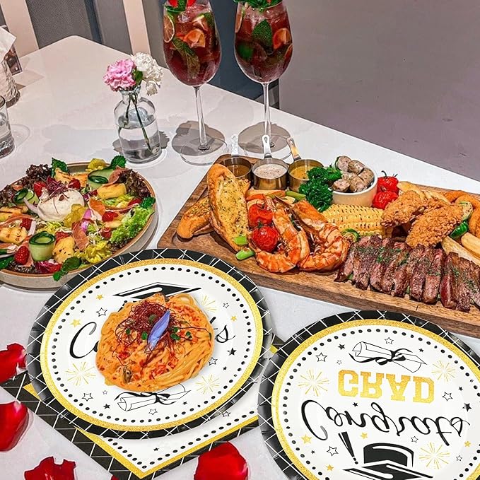 50PCS Graduation Plates Party Supplies, 7INCH Black and Gold Paper Plates and Napkins 2025 Graduations Party Decorations Disposable Tableware for College High School Congrats Grad Party Supplies