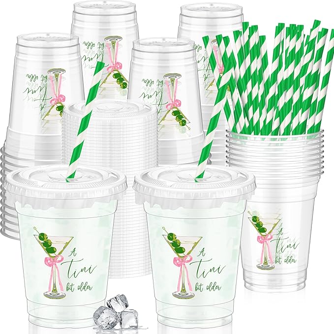Domensi 50 Pcs Martini Birthday Party Plastic Cup 12 oz a Tini Bit Older Green Martini Pink Bow Thick Clear Cup for Girls Women Bar Birthday Bachelorette Bridal Shower Party Supplies