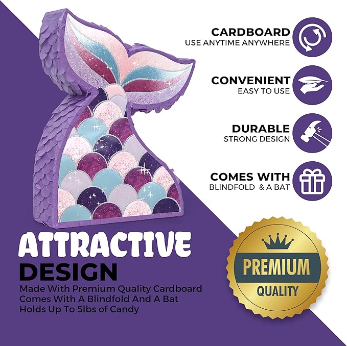 Mermaid Tail Pinatas Bundle with a Blindfold and a Bat (16.5 x 12 x 4 Inches), Perfect for kid's Birthday Parties, Mermaid Theme Parties for Girls, Decorations